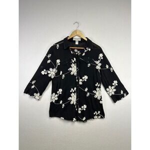 Lauren Michelle Black Floral Embroidered Button‎ Up Shirt Women's Size L